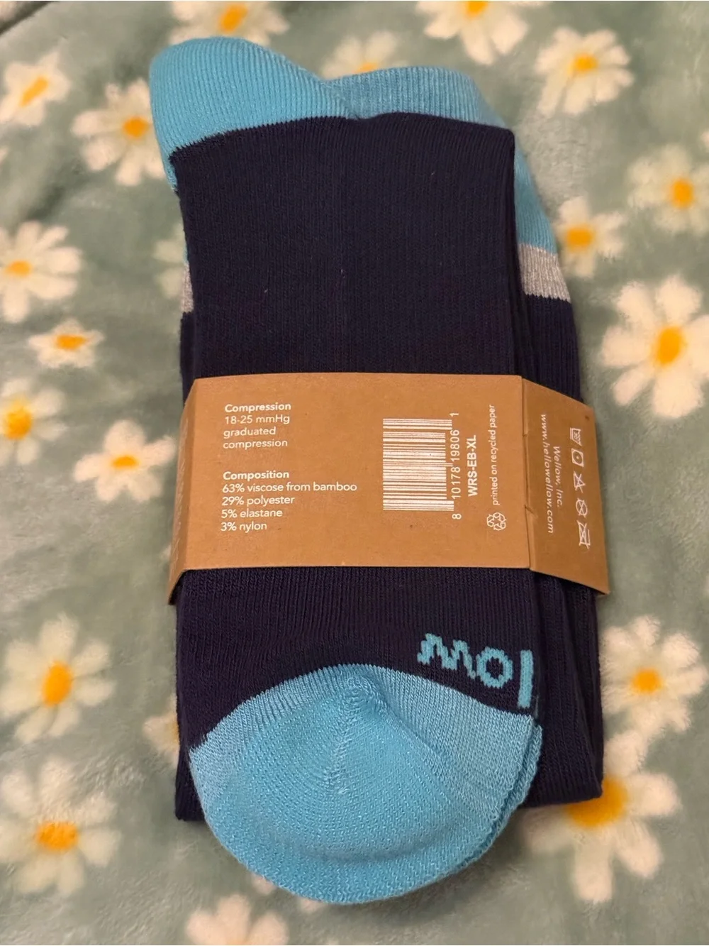 Wellow Blue Stripe Wide Calf Knee High Bamboo Compression Socks - size XL